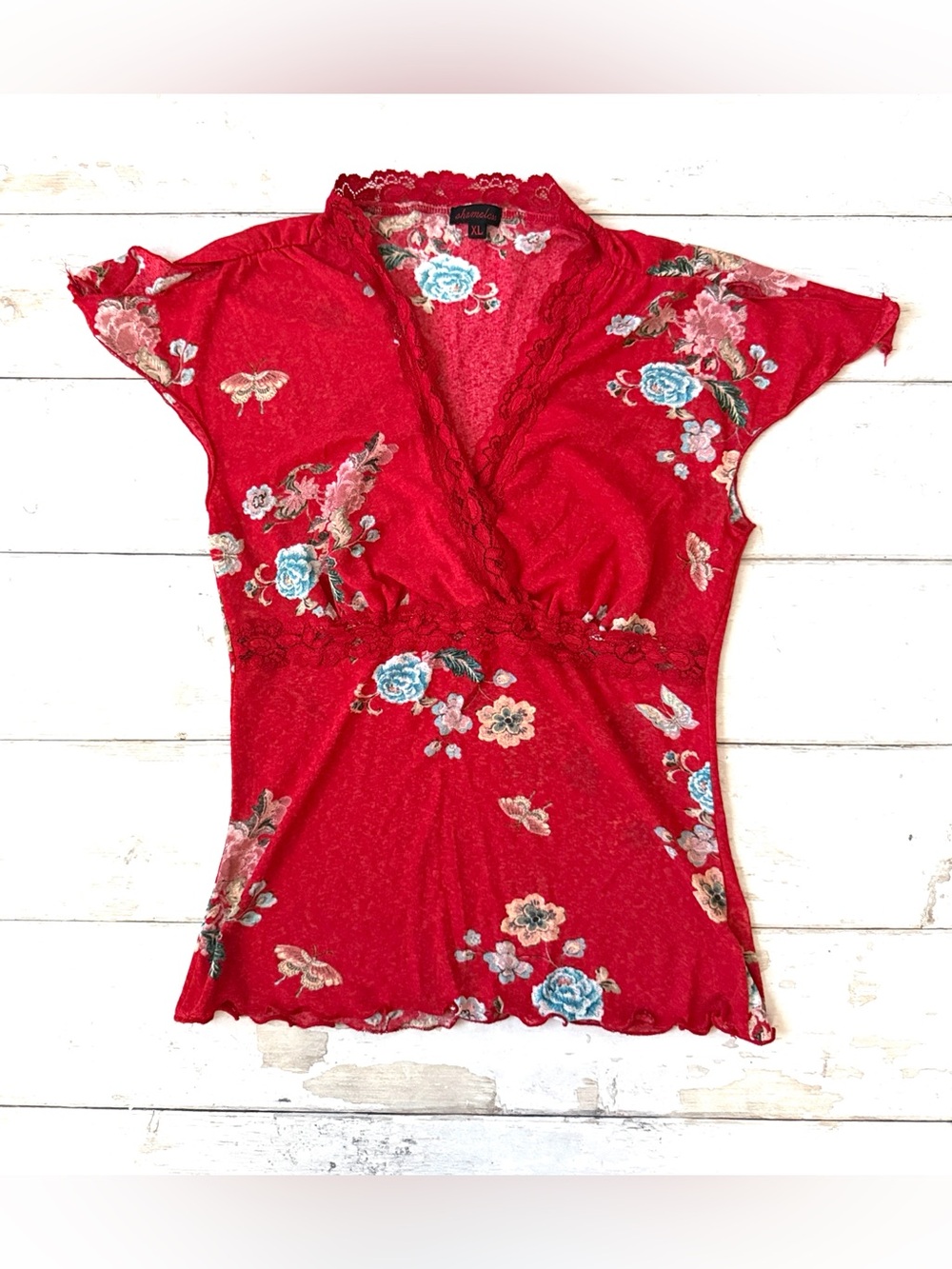 Women’s XL Red Floral Lace Shirt Top Capped Shoulder Size X Large